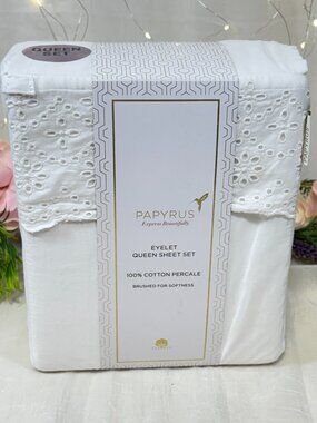 PAPYRUS Embroidered Eyelet Hem QUEEN Sheet Set White 100% Cotton 4PC Set